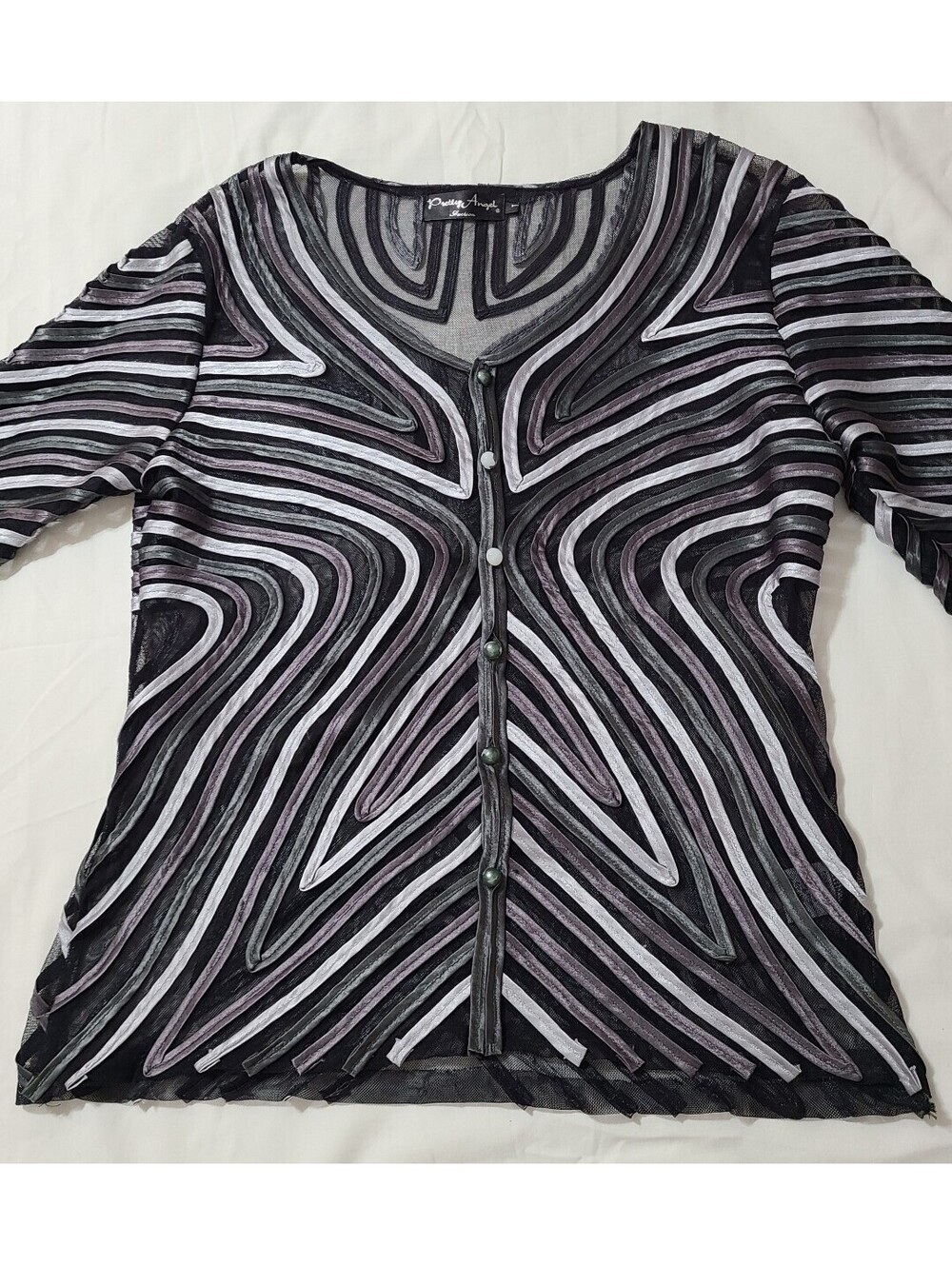 Pretty Angel L Sheer Mesh Jacket Abstract Geometric Ribbon Cardi Wearable Art
